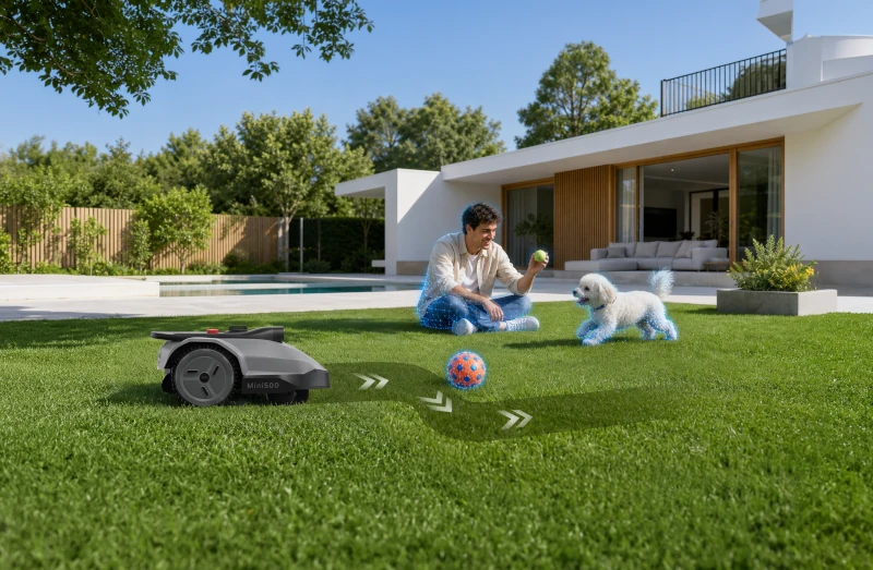 Rozpoznawanie przeszkód TerraVision 2.0 TerraMow Mini 500 omijający przeszkody na trawniku